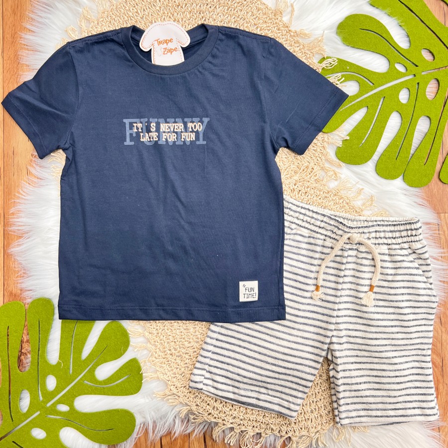 Conj. Camiseta "It's Never Too Late for Fun" e Bermuda - Marinho